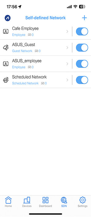 Benutzeroberfläche des selbst definierten Netzwerks mit mehreren SSIDs auf der ASUS ExpertWiFi App.