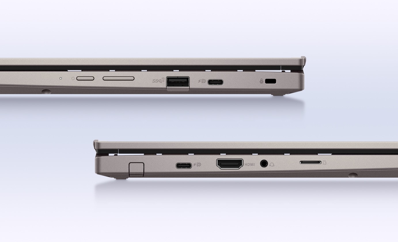 A right-side view of ASUS Chromebook CM34 Flip is shown above a left-side view of ASUS Chromebook CM34 Flip. 