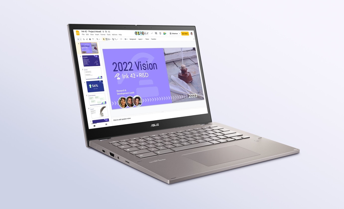An angled front view of an ASUS Chromebook CM34 Flip in laptop mode with Google Slides on screen. 