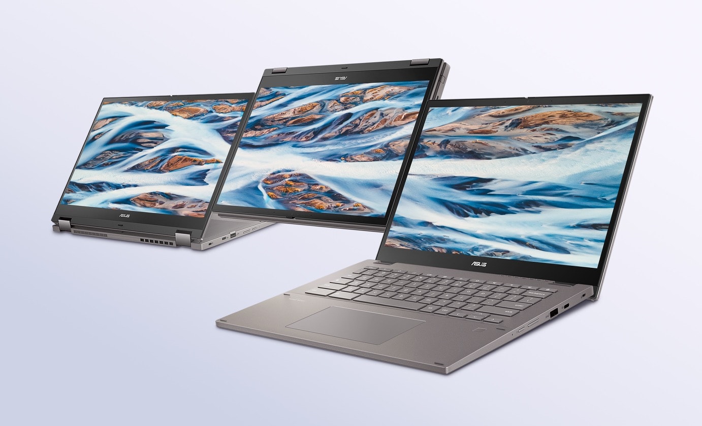 An angled front view of three ASUS Chromebook CM34 Flips in stand mode, tablet mode and laptop mode from left to right. 