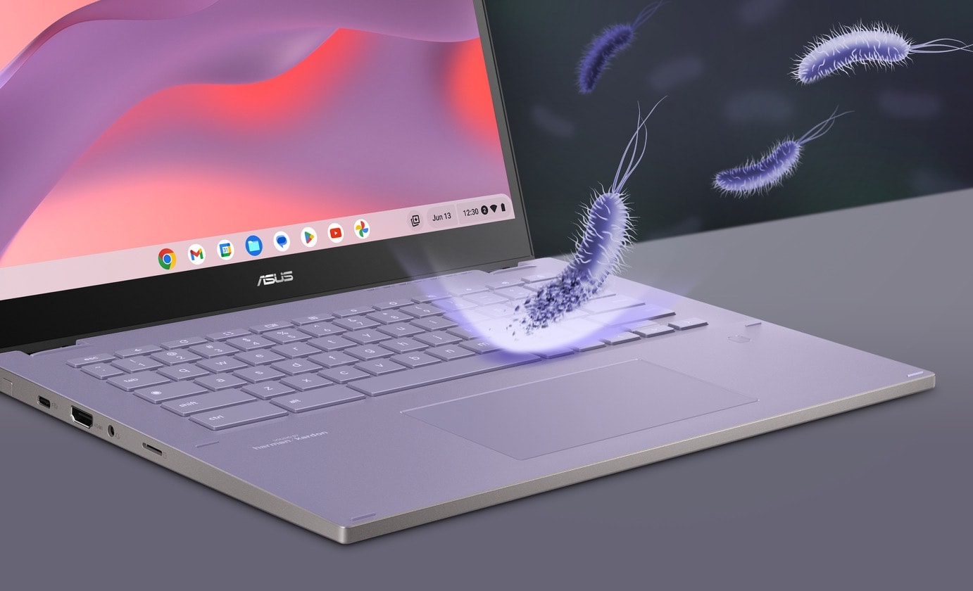 An angled front view of an ASUS Chromebook CM34 Flip in laptop mode with images of bacteria bouncing off the keyboard to show the benefits of ASUS Antimicrobial Guard. 