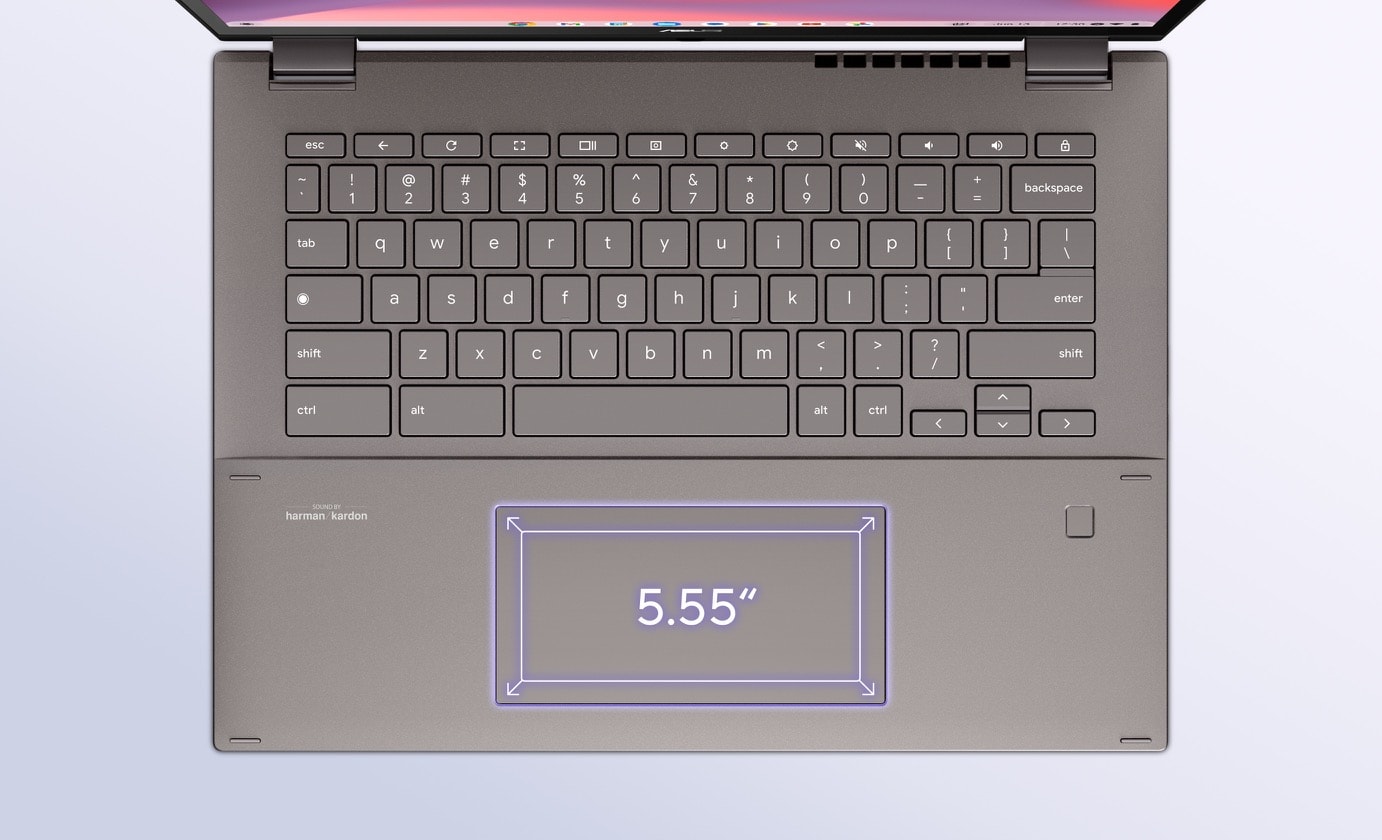 An overhead view of an ASUS Chromebook CM34 Flip with four arrows showing at the corner and the word 5.55” at the middle of the touchpad. 