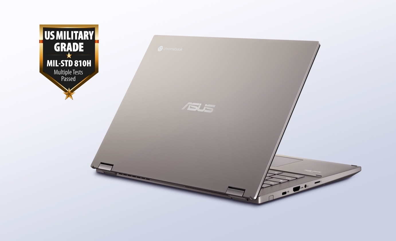 An angled rear view of an ASUS Chromebook CM34 Flip showing the Zinc lid with a military-grade 810H standard badge on the top-left corner. 