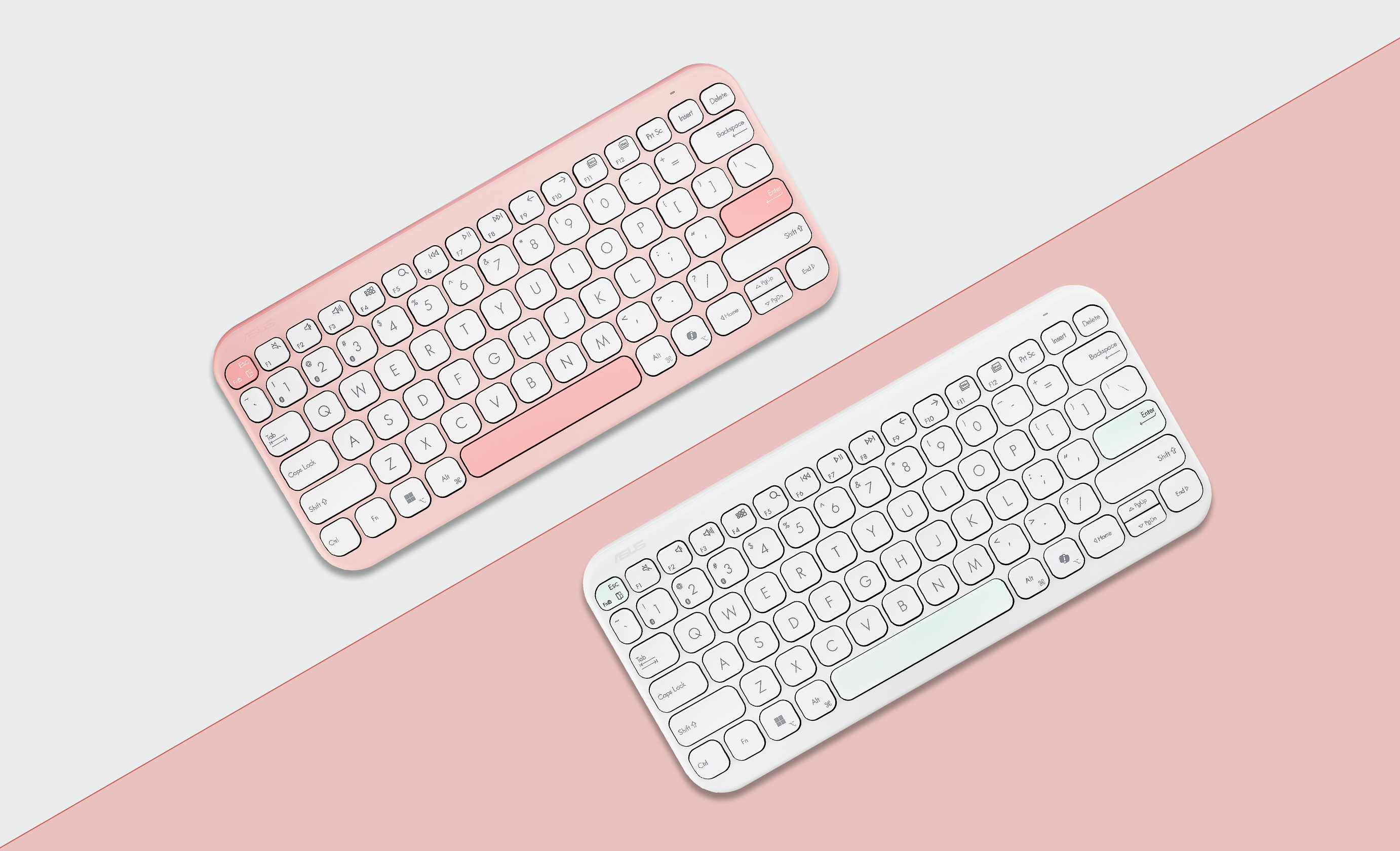 Two ASUS Marshmallow Keyboard KW100 shown side by side to show the different color schemes, with Pink on the left, and White on the right.