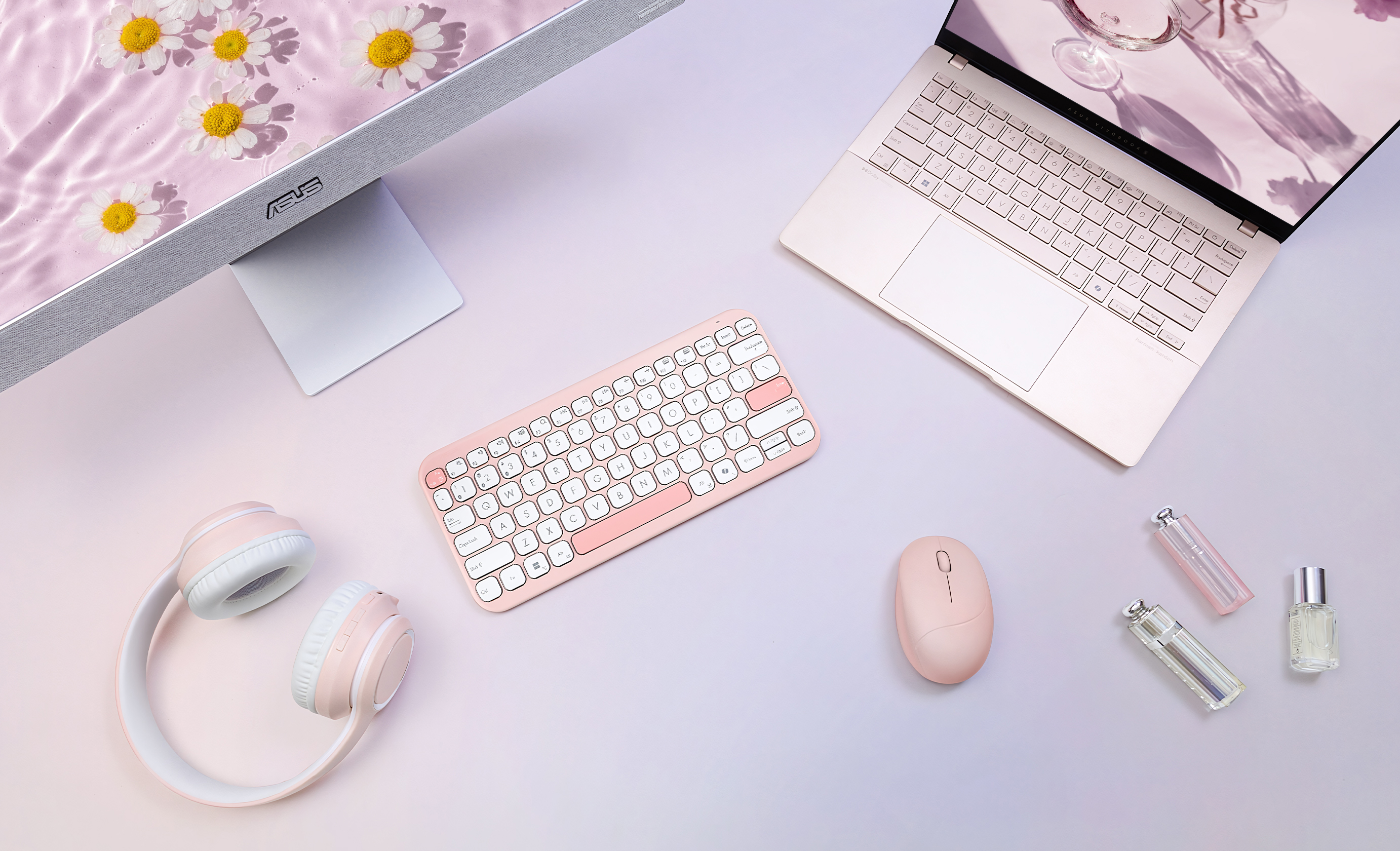 ASUS Marshmallow Keyboard (Pink color scheme) alongside including ASUS Vivobook 13 Slate OLED T3304, ASUS ProArt Display PA248CRV, ASUS Vivobook Go 15 OLED E1504F. The image also includes a lamp, two plants, and other decorations on the table, plus three hung paintings and a wall organizer.