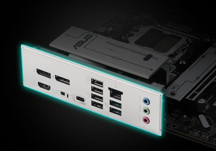 Graphic depicting the PRIME B840M-A pre-mounted I/O Shield.