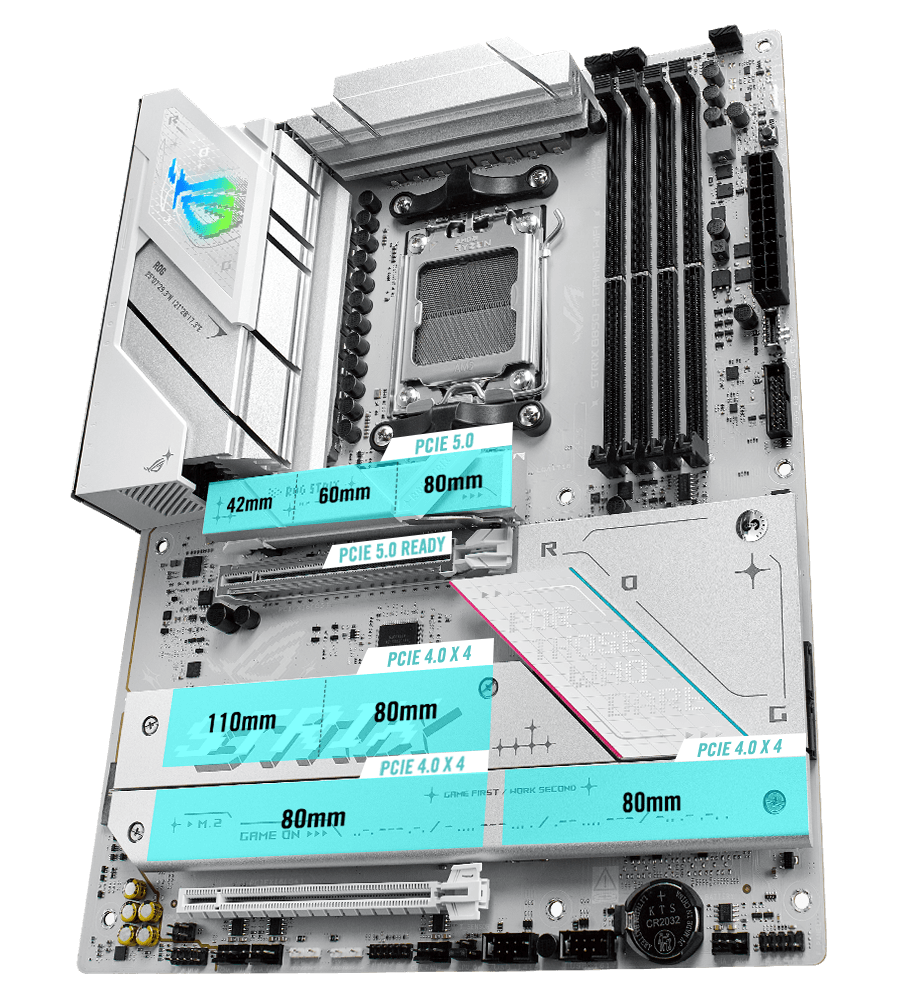 The Strix B850-A PCIe 5.0 M.2 and expansion slot layout