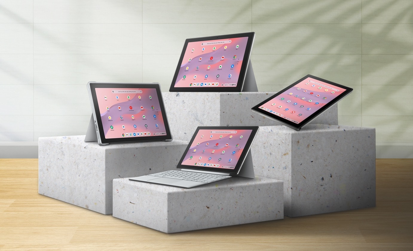 四部不同裝置模式(筆電/平板/帳篷/直立模式) 的ASUS Chromebook CM30 Detachable，分別放置於四個平台的表面。