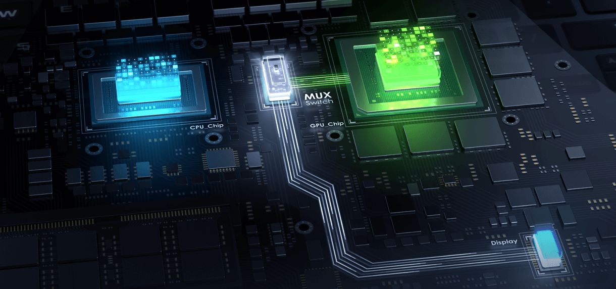 Artist's simplified diagram of a CPU, GPU, and MUX Switch routing the display signal to the laptop display.