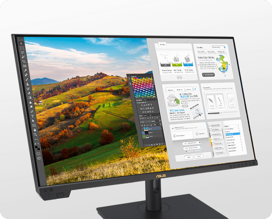 ProArt Display 8K PA32KCX showing split-screen viewing, with the left side of the monitor for photo editing, while the right side shows a web browser