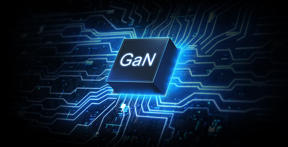 GaN MOSFET met PCB-thema achtergrond