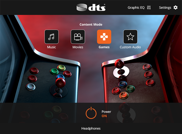 DTS Audio Processing's games-modus gebruikersinterface.