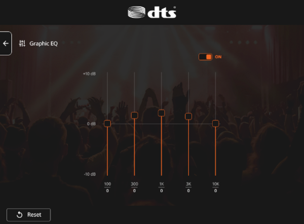 DTS Audio Processing's aangepaste modus gebruikersinterface.