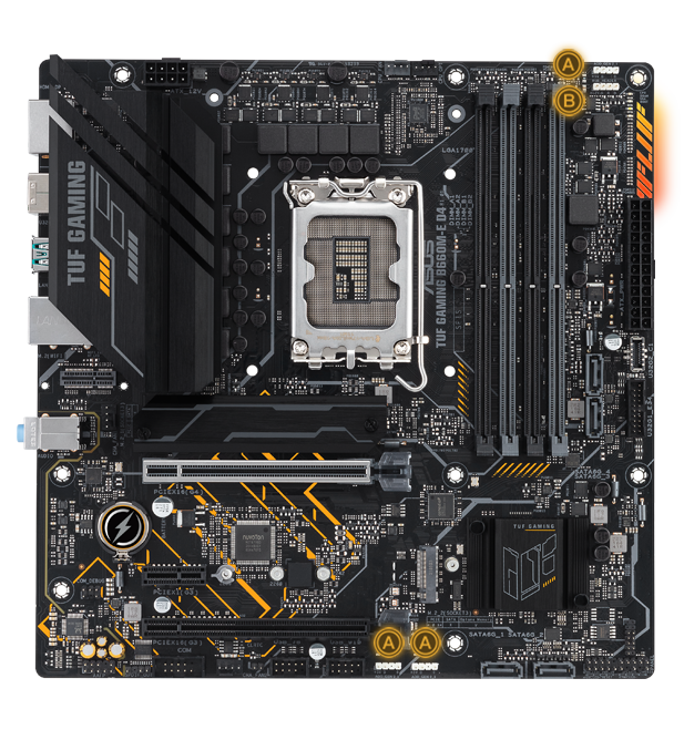 TUF GAMING B660M-E D4 motherboard with RGB lighting.