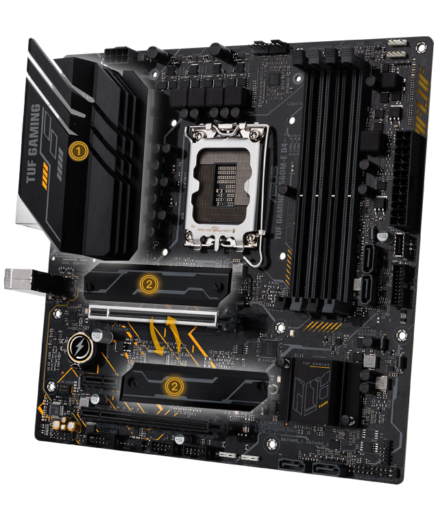 TUF GAMING B660M-E D4 features an expanded VRM heatsink and thermal pad, and three M.2 slots with heatsinks. 