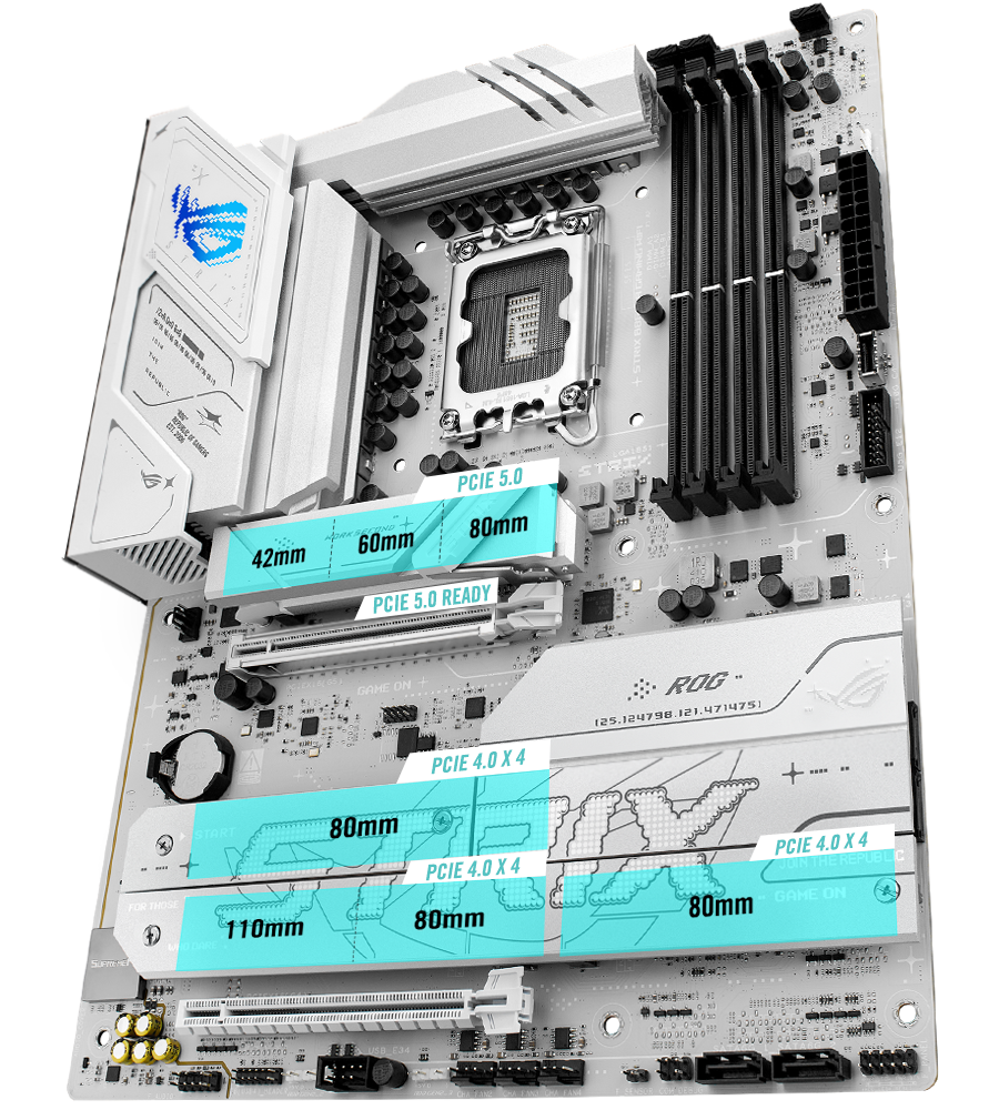 The Strix  B860-A PCIe 5.0 M.2 and expansion slot layout