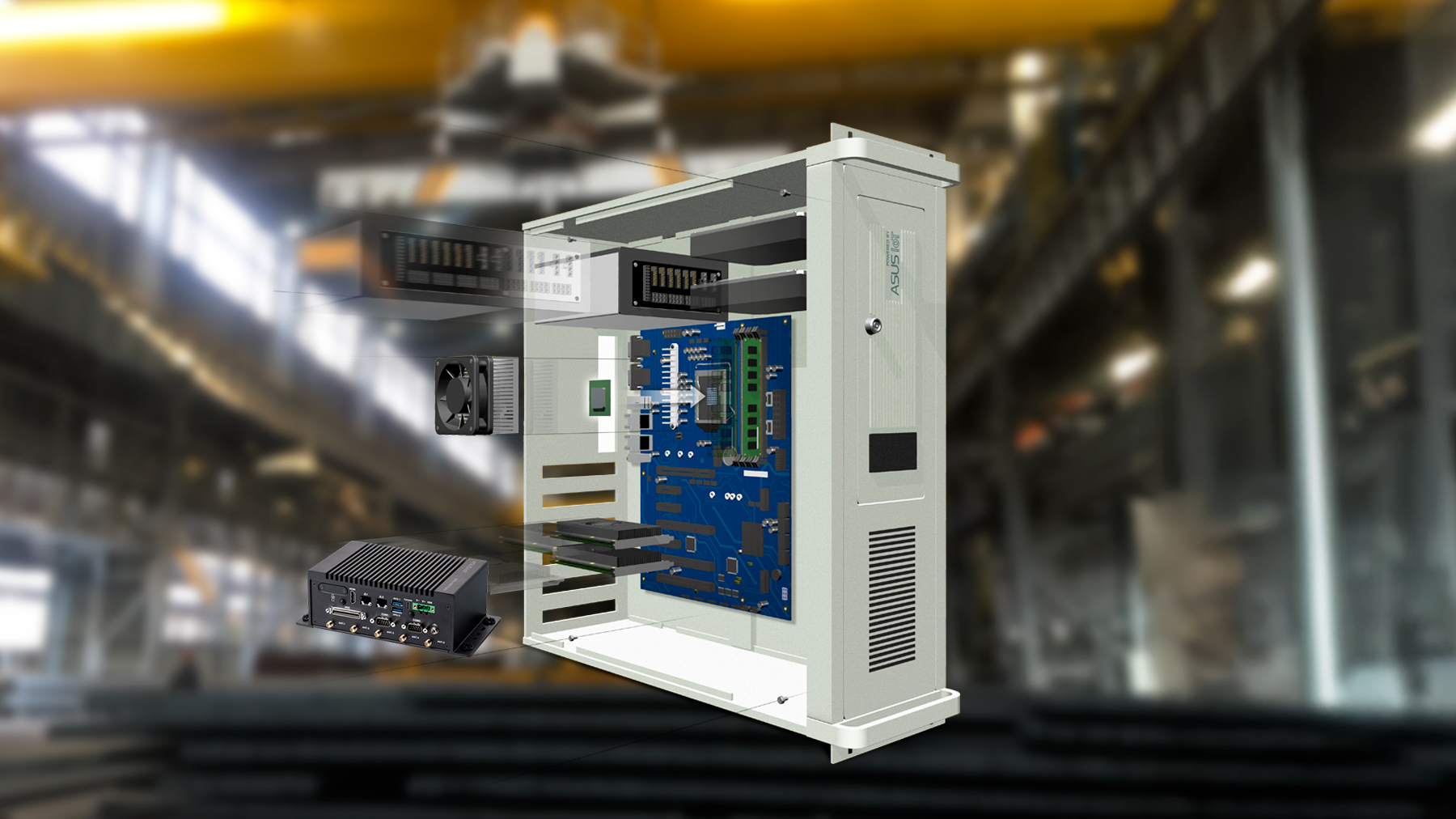 CTOS System for Harsh Environments ASUS IoT CTOS product with industrial assembly in the foreground and a heavy-industry site in the background