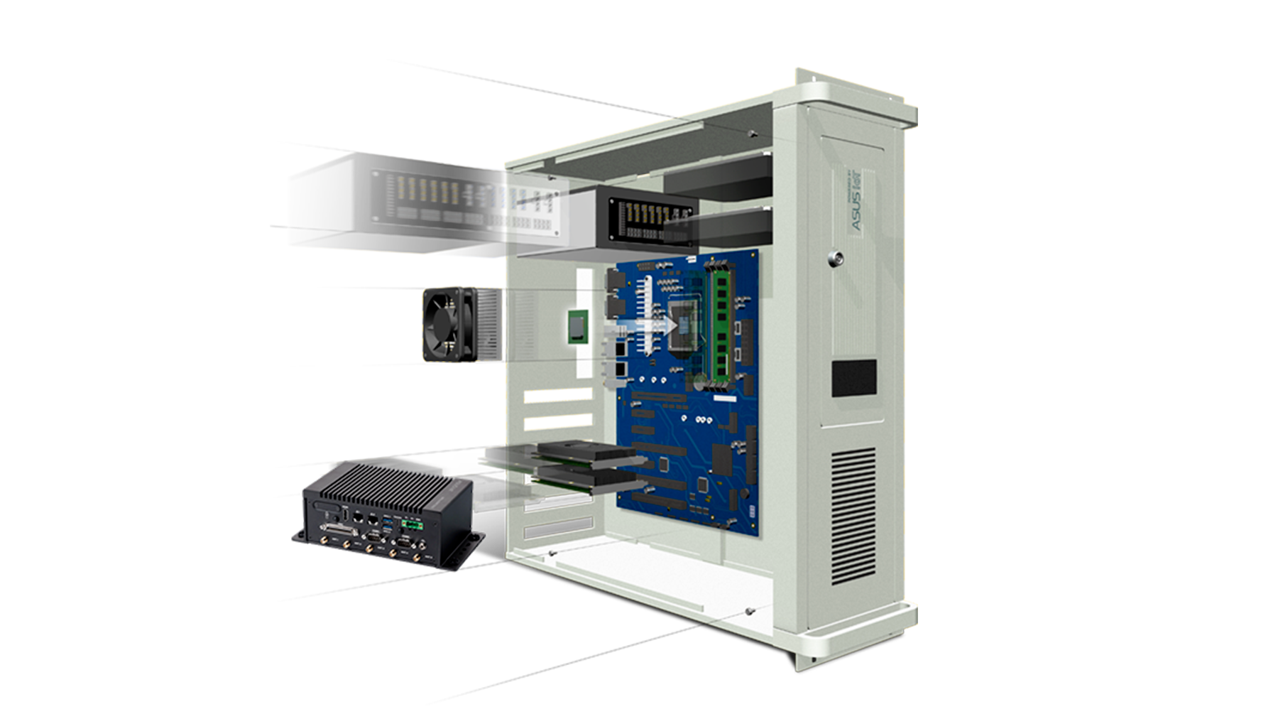 CTOS Modular Embedded System ASUS IoT CTOS product flying into the frame, symbolizing flexible modular integration