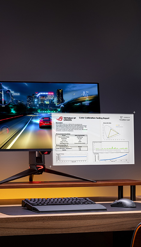 Předkalibrační zpráva se vznáší ve vzduchu před monitorem ROG OLED.