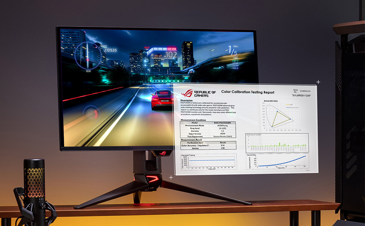 Předkalibrační zpráva se vznáší ve vzduchu před monitorem ROG OLED.