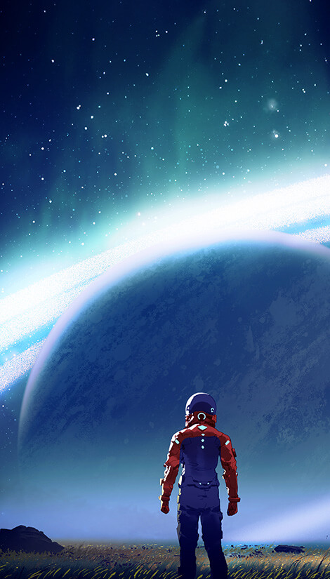Astronaut se dívá na planetu.