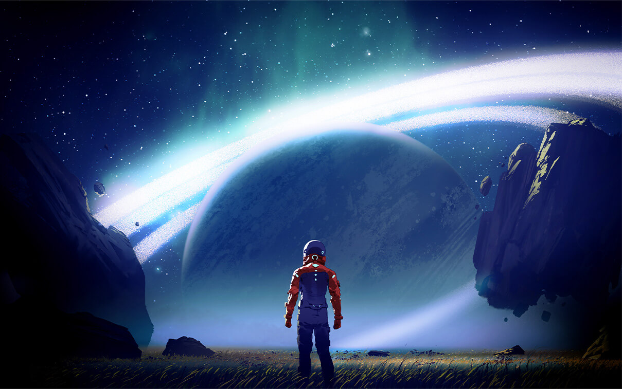 Astronaut se dívá na planetu.