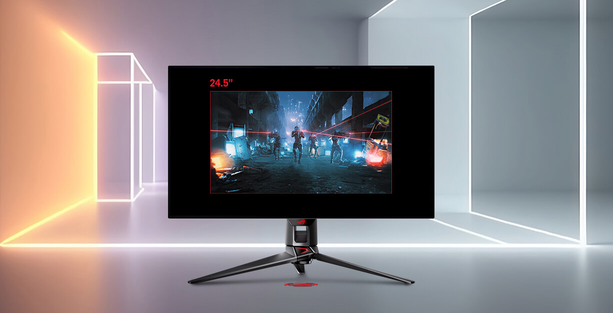 32palcový monitor ROG OLED zobrazený v bílém prostoru; zobrazený obraz je široký pouze 27 palců a je obklopen černými okraji