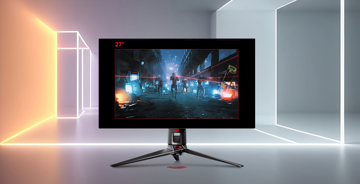 32palcový monitor ROG OLED zobrazený v bílém prostoru; zobrazený obraz je široký pouze 27 palců a je obklopen černými okraji