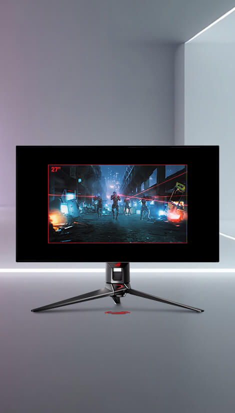 32" monitor ROG OLED v bílém prostoru, displej má velikost pouze 27" s černým ohraničením na okrajích