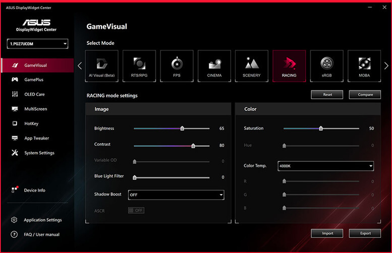 Softwarové rozhraní ASUS DisplayWidget Center zobrazující možnosti nastavení obrazu
