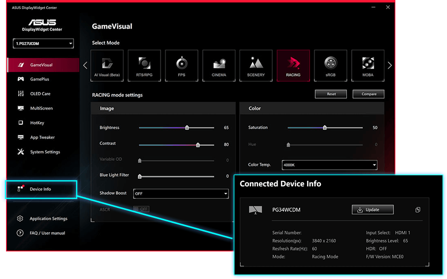 Softwarové rozhraní ASUS DisplayWidget Center zobrazující oznámení o automatické aktualizaci firmwaru