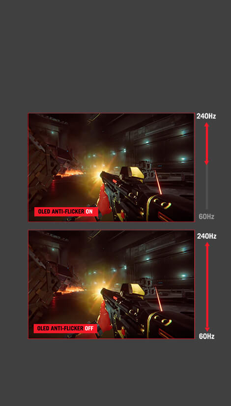 Srovnání scén v FPS hře, kdy jedna obrazovka zobrazuje blikání a druhá je bez blikání