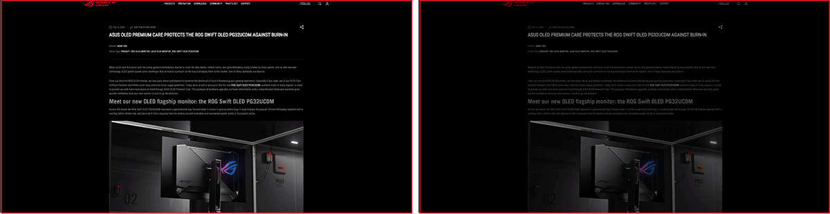 Snímek obrazovky z článku na webu ROG. / Screenshot článku na webu ROG se ztmavenou obrazovkou.