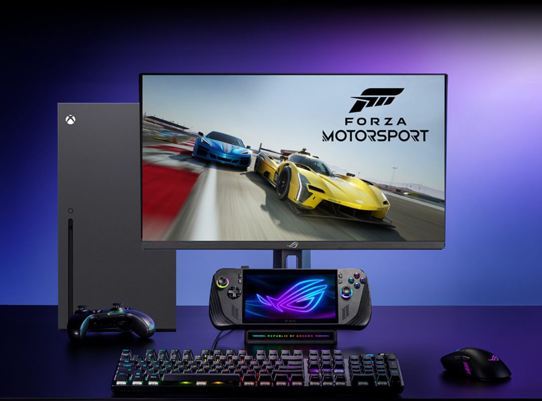 A ROG monitor connected to ROG Ally X Handheld and Xbox for enhanced 4K gaming on consoles, complete with a keyboard, controller, and Forza Motorsport on display.