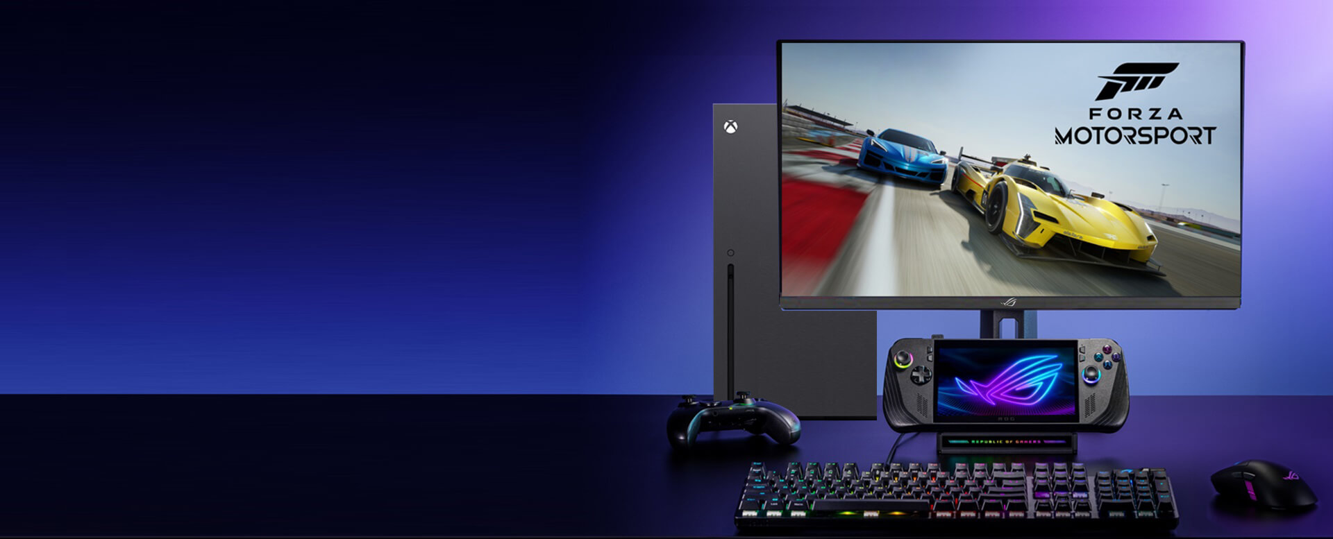 A ROG monitor connected to ROG Ally X Handheld and Xbox for enhanced 4K gaming on consoles, complete with a keyboard, controller, and Forza Motorsport on display.