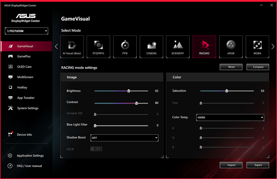 Screenshot of the new ASUS DisplayWidget Center UI showing system settings, OLED functions, and more.