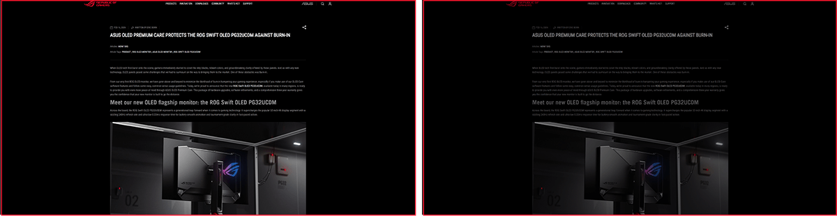 Screenshot van een ROG webartikel. / Screenshot van een ROG webartikel met het scherm gedimd.