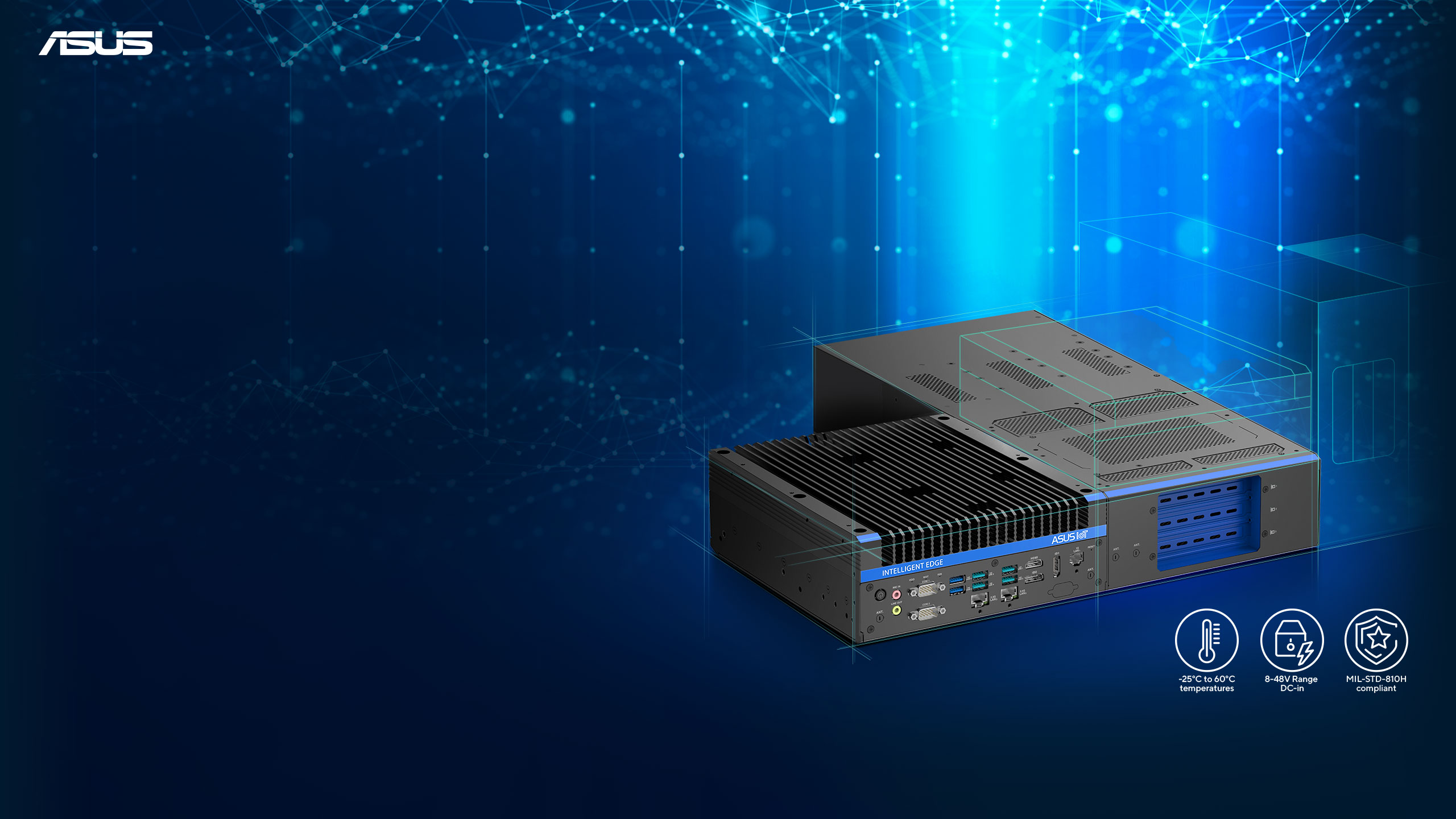 ASUS IoT RUC-1000G Rugged-Rack Edge AI GPU System stands in the high-tech blue lighting background to show for durability and high performance in demanding environments.