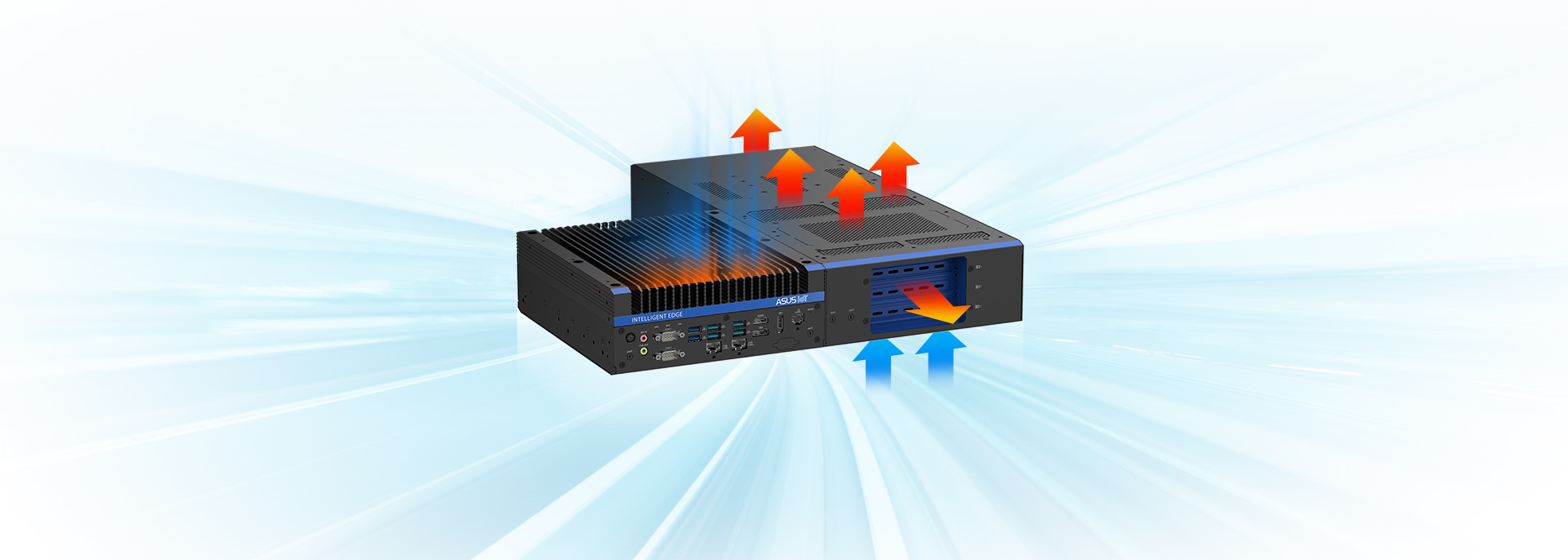 ASUS IoT RUC-1000G featuring a blue and orange heat source, representing thermal dynamics in a digital environment.