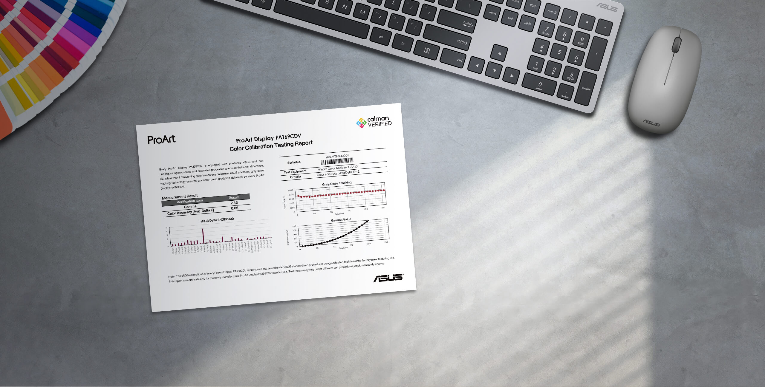 A color calibration test report of ProArt Display on a desk.