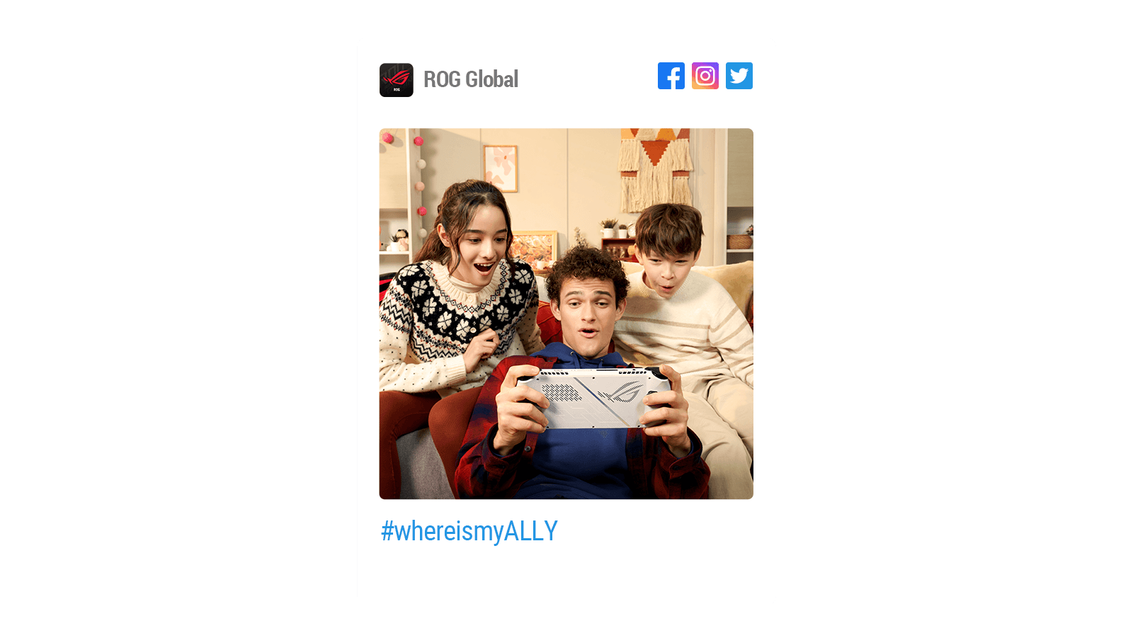 Social media posts showing players holding ROG Ally, with hashtags: #whereismyALLY, #whereismyALLY_USA