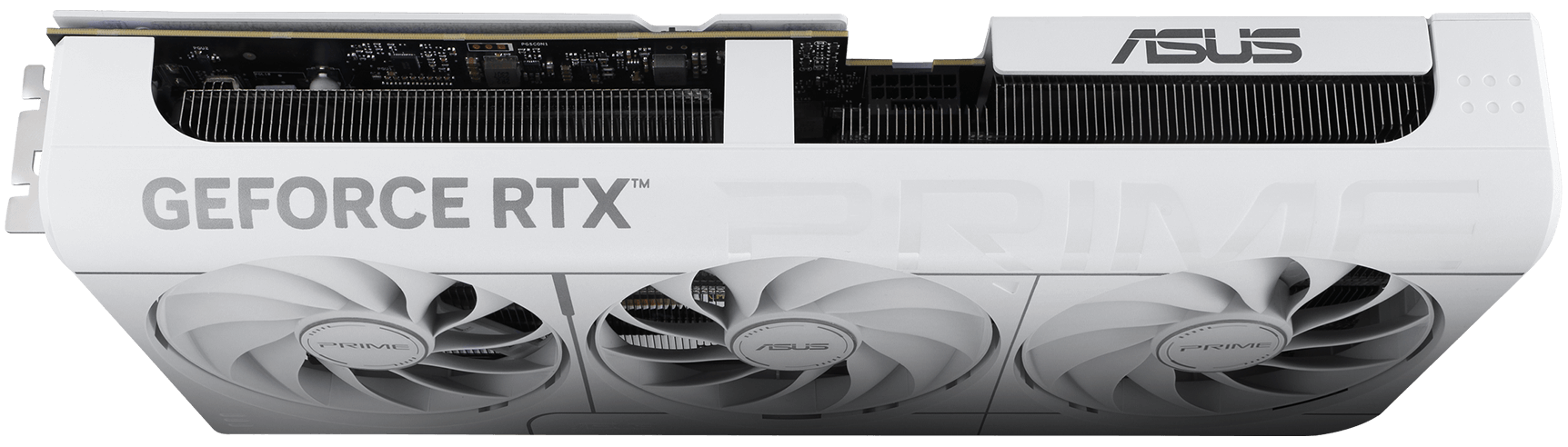 Angled top down view of the Prime GeForce RTX 5070 White Edition graphics card hero angle