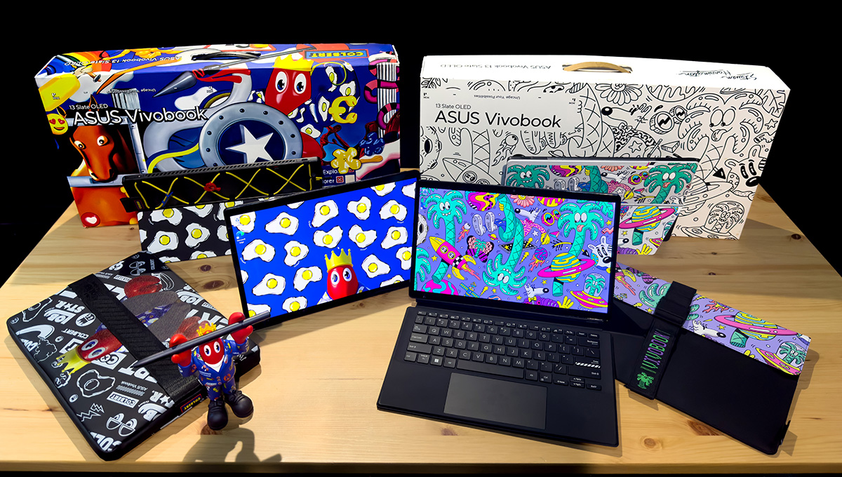Colorful ASUS Vivobook 13 Slate OLED Artist Edition convertible laptops, designed by Steven Harrington and Philip Colbert, standing on a table, surrounded by accessories included in the box and the packaging behind the laptops