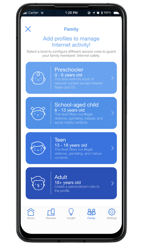 A predefinição Kid-safe permite-te adicionar facilmente um perfil pré-definido para gerir os dispositivos dos teus familiares.