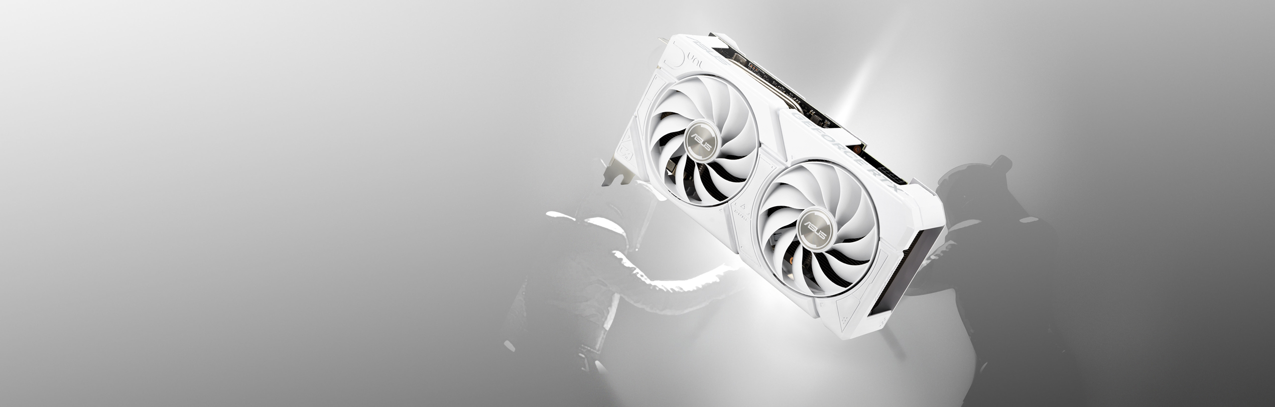 Front view of the ASUS Dual GeForce RTX™ 4070 SUPER White Edition graphics card with two men fighting in the background.  