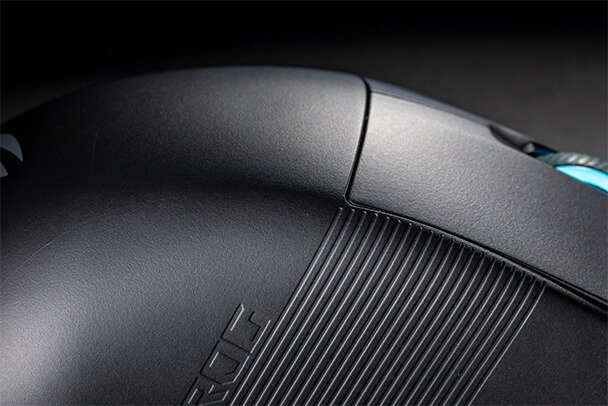 A close up of the ROG Harpe Ace Mini, showing the smooth matte texture of its new coating