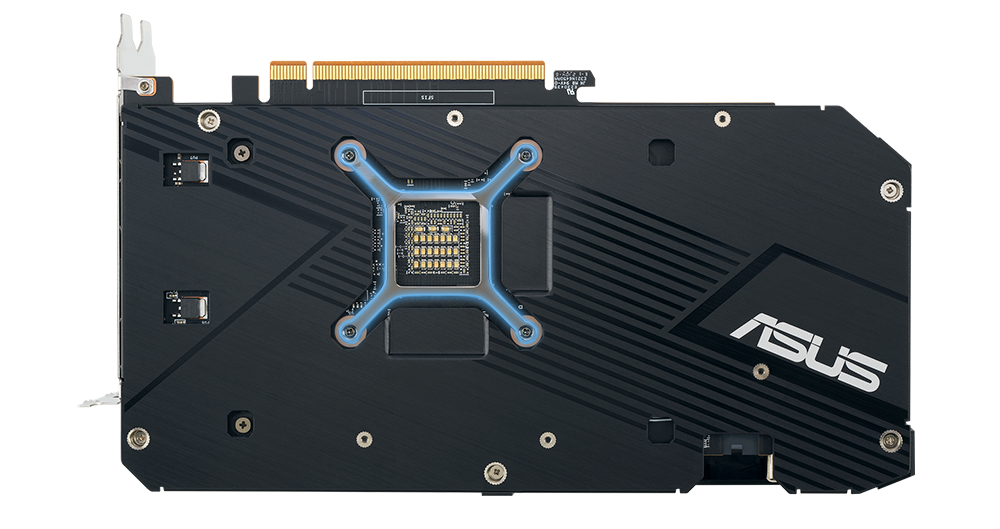 Achterkant van ASUS Dual Radeon RX 6600 videokaart met GPU-beugel uitgelicht.
