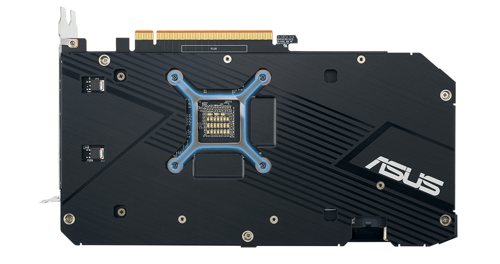 Arrière de la carte graphique ASUS Dual Radeon RX 6600 avec support du processeur graphique en surbrillance.