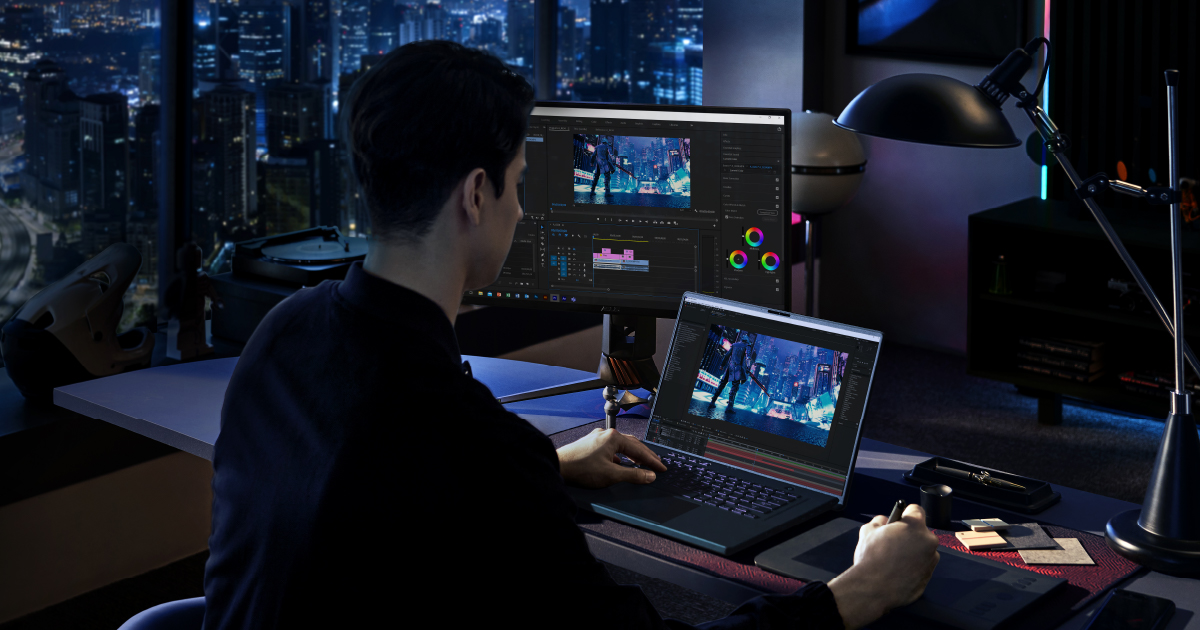 A designer is editing video using the ROG Zephyrus G16 16-inch laptop with a nebula display and a second monitor.