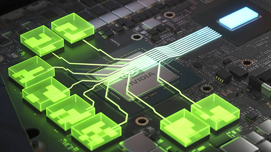 NVIDIA-chip met erboven lopende circuits